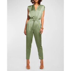 Ramy Brook Olive Green Sleeveless Jumpsuit With Pleated Details & Elastic Waist